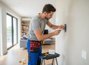 en elektriker som byter en strömbrytare på väggen